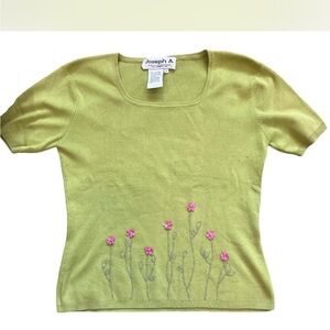 Joseph Women's Lime Green Tee with Pink Floral Embroidery